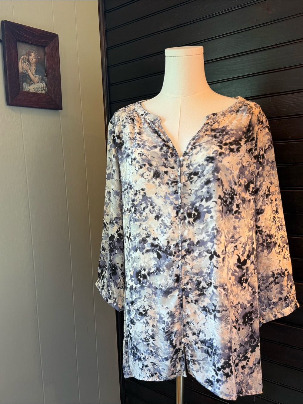 Plus Size Blouse Blush and GrayWatercolor-Print Button Down with 3/4 Sleeves 1X